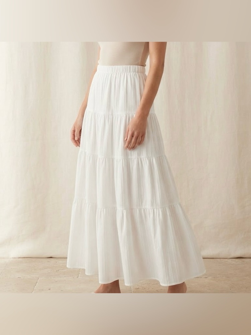 Ryaiwi White Tiered Maxi Skirt Striped Faux Drawstring Polyester Size XL NWOT